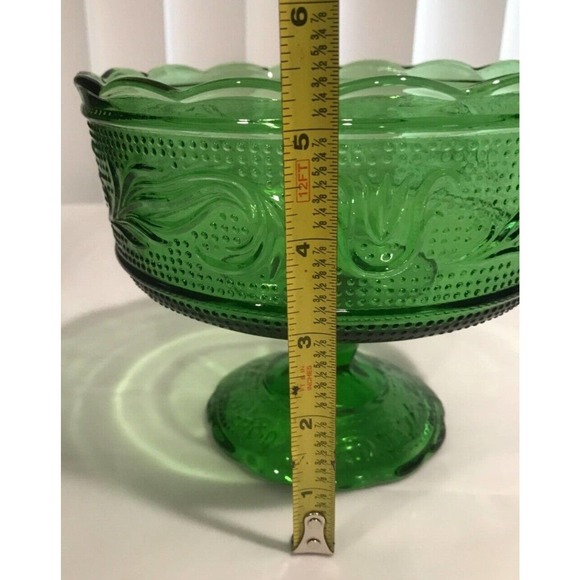 Vintage Green Glass Scalloped Edge Footed Compote 1960/E.O Brody Signed MCM Bowl - Picture 6 of 7
